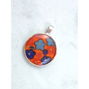 925 Sterling Silver Orange Japanese Washi Origami Paper Resin Round Pendant